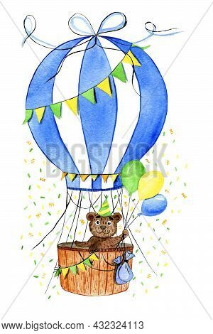 Watercolor Illustration Of A Balloon With A Cheerful Bear Cub. Air Transport. Congratulatory Balloon