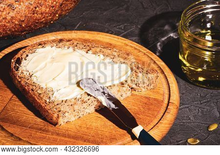 Slice Of Rustic Natural Yeast-free Bread With Flax, Poppy Seeds, Sesame Seeds, Millet, Pumpkin And S
