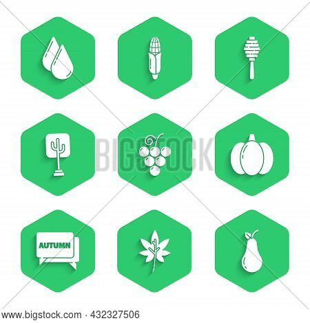 Set Grape Fruit, Leaf Or Leaves, Pear, Pumpkin, Speech Bubble With Text Autumn, Tree, Honey Dipper S