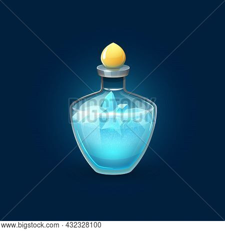 Witchcraft Bubble Potion Bottle With Frozen Ice Cubes. Magic Potion, Alchemist Elixir Vial Or Wizard