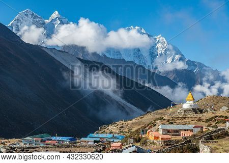 Beautiful View Of Dingboche Village With Himalayas Mountain Range In The Background. Dingboche Is A 