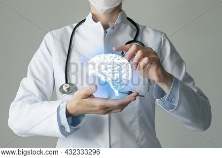 Brain Issues Medical Concept. Photo Of Female Doctor, Empty Space.