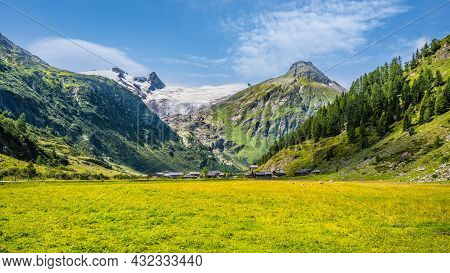 Green Meadow In Alpine Valley, Gschlosstal Valley, Hohe Tauern National Park, East Tyrol, Austrian A