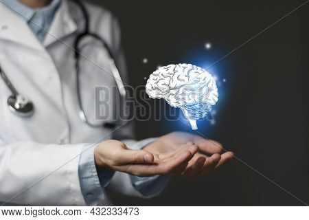 Brain Issues Medical Concept. Photo Of Female Doctor, Empty Space.