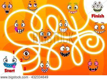 Child Labyrinth Game With Funny Monsters Faces. Kids Find Path Activity, Children Search Way Game Ve