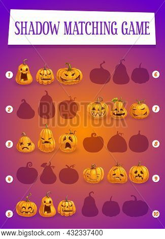 Kids Shadow Matching Game With Halloween Pumpkins. Preschooler Child Playing Activity, Children Puzz