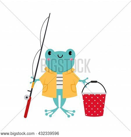 Cute Frog As Forest Animal In Coat With Bucket And Fishing Rod Vector Illustration