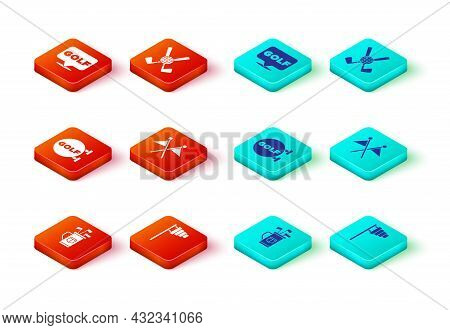Set Golf Bag With Clubs, Flag, Sport, Crossed Golf Ball And Label Icon. Vector