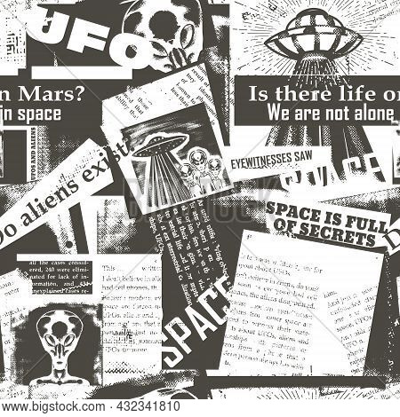 Vintage Seamless Pattern With A Collage Of Newspaper Clippings About Ufos And Aliens. Background Wit