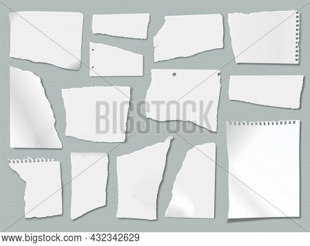 Ripped Paper Scraps With Torn Edges, Ragged Papers Pieces. Realistic White Crumpled Notebook Sheets,