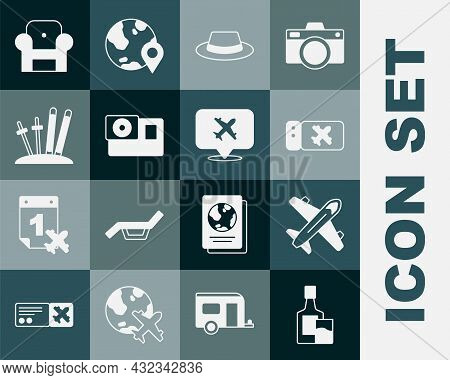 Set Whiskey Bottle And Glass, Plane, Airline Ticket, Man Hat With Ribbon, Action Camera, Ski Sticks,