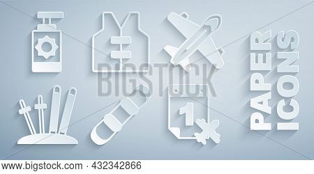 Set Snowboard, Plane, Ski And Sticks, Calendar Airplane, Life Jacket And Sunscreen Spray Bottle Icon