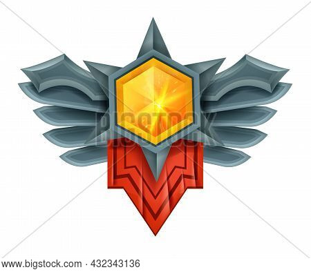 Game Gem Vector Winner Badge, Crystal Diamond Ui Jewel Medal, Victory Stone Trophy Award, Wings. Rpg