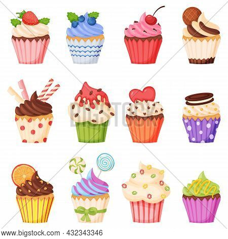 Cartoon Cupcake With Various Toppings, Delicious Sweet Desserts. Muffins Or Cupcakes With Chocolate 