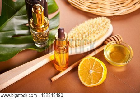 Bath And Beauty Spa Personal Hugiene Accessories On The Brown Background