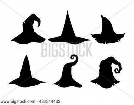 Halloween Witch Hat Silhouette Bundle, Cute Witchy Wizard Hat Black And White Isolated Clipart On Wh