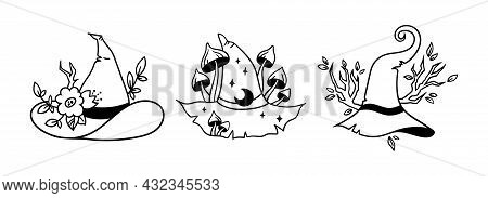 Halloween Floral Witch Hat Silhouette Bundle, Cute Witchy Wizard Hat With Plants, Mushrooms And Bran