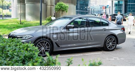Moscow, Russia - July 2021: Gray Bmw G30 520d 2021 Model Parked On City Parking Lot. Shiny Bmw 5 Ser