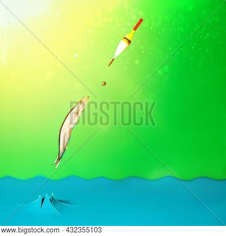 Staged Fishing Scene. Fish Are Caught From An Artificial Lake From Cardboard. Background