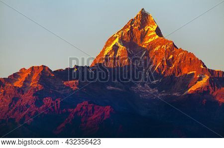 Red Colored Sunset View Of Mount Machhapuchhare, Annapurna Area, Nepal Himalayas