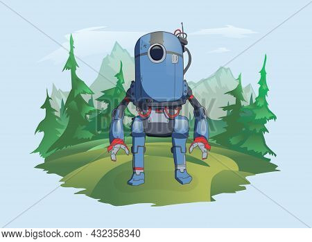 A Humanoid Robot Stands Against The Background Of A Mountain Landscape. Android In The Wild Nature, 