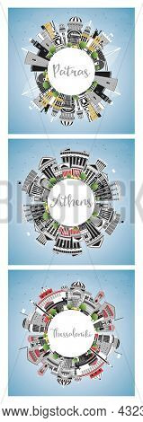 Athens, Patras and Thessaloniki Greece City Skyline Set with Color Buildings, Blue Sky and Copy Space. Travel and Tourism Concept with Historic and Modern Architecture.