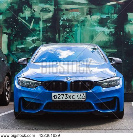 Front View Of A Bmw M4 F82 Sports Car In Blue Color. Moscow, Russia - August 2021