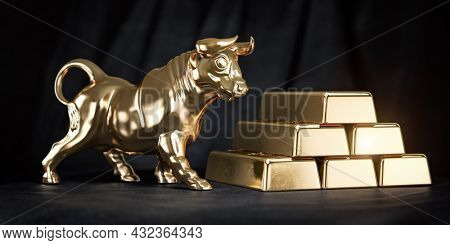 Golden ingot and bull on black background. Bull stock exchange market trend in gold. 3d illustration