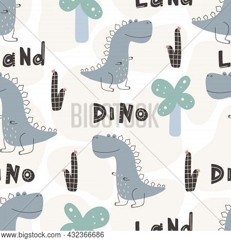 Cute Dinosaur Pattern - Hand Drawn Childish Dinosaur Seamless Pattern Design. Vector Illustration
