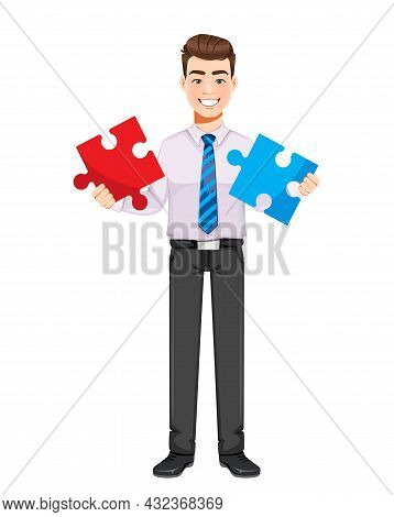 Handsome Business Man Solving Problem. Young Businessman Cartoon Character. Stock Vector Illustratio