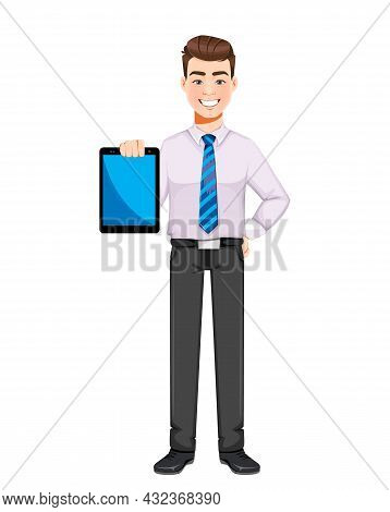 Handsome Business Man Holding Tablet. Young Businessman Cartoon Character. Stock Vector Illustration