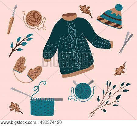 Cozy Autumn Set, Hygge Evening For Knitting. Handmade Work. World Knitting Day In Public Places, Bal
