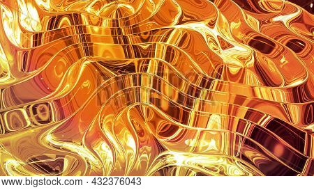 Abstract Background With Wavy Sparkling Golden Liquid Pattern On Shiny Glossy Surface. Viscous Yello