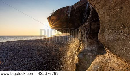 Unique Rock Formation At Sandcut Beach On The West Coast Of Pacific Ocean. Summer Sunny Sunset. Cana