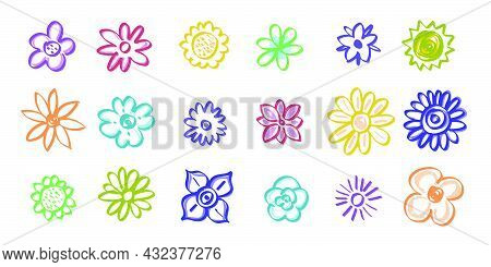 Hand Drawn Cute Colorful Flowers In Different Styles
