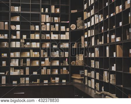 Xylotheque Or Storing Place Of Wood Collection. A Lot Of Wood Samples And Microslides Are On The She