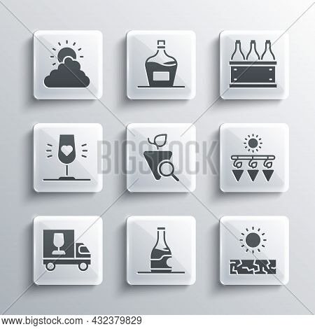 Set Bottle Of Wine, Drought, Drying Grapes, Grapes, Wine Truck, Glass, Sun And Cloud Weather And Bot
