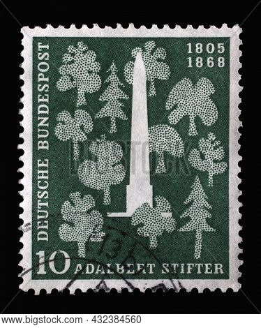 ZAGREB, CROATIA - JUNE 25, 2014: Stamp printed in Germany, shows Stifter memorial at the Plockenstein lake, Bohemian forest, circa 1955