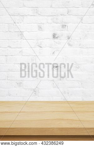 Vertical Brown Wood Table And White Brick Wall Background In Kitchen, Wooden Shelf, Counter For Food