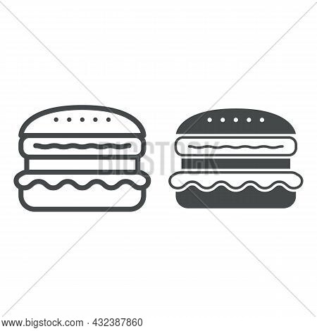 French Burger Line And Solid Icon, Fast Food Concept, Cheeseburger Vector Sign On White Background, 