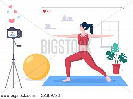 Fitness Blogger On Yoga Content Creator Background Recording Online Video Classes Of Sports Exercise