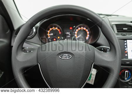 Novosibirsk, Russia - July 19, 2021: Lada Granta , Auto Interior: Steering Wheel With  Logo    And  