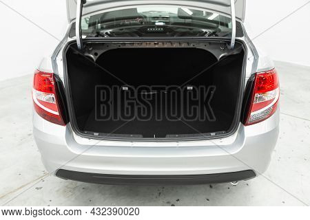 Novosibirsk, Russia - July 19, 2021: Lada Granta , Clean, Open Empty Trunk In The Car Sedan