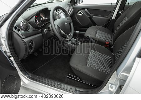 Novosibirsk, Russia - July 19, 2021: Lada Granta , Steering Wheel, Shift Lever And Dashboard, Climat