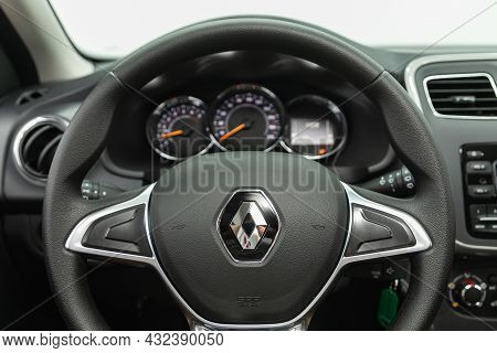 Novosibirsk, Russia - August 19, 2021: Renault Sandero Stepway , Auto Interior: Steering Wheel With 