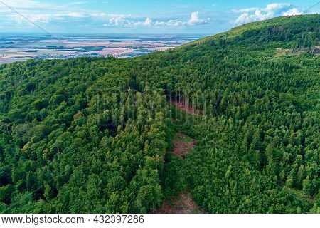 Aerial View Of Beautiful Landscape In Mountains With Forest. Sleza Mountain Near Wroclaw In Poland. 