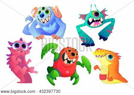 Cute Monsters Set, Cartoon Funny Characters, Aliens, Strange Animals Or Halloween Creatures With Too