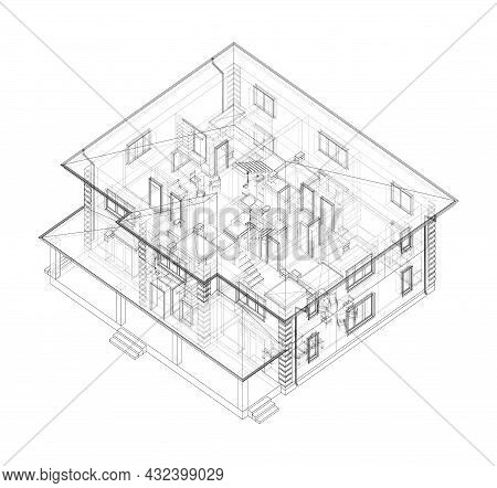 Residential Building Technical Drawing. Vector Rendering Of 3d. Wire-frame Style. The Layers Of Visi