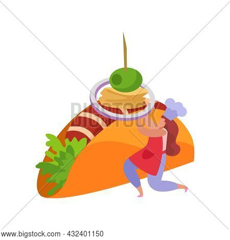 Professional Kitchen Flat Icon With Delicious Buritto And Human Character Vector Illustration