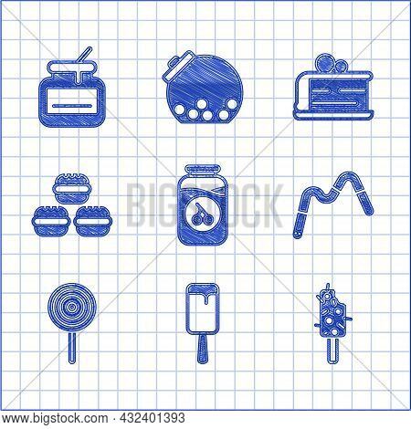 Set Cherry Jam Jar, Ice Cream, Jelly Worms Candy, Lollipop, Macaron Cookie, Piece Of Cake And Jar Ho
